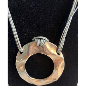 Chico's Sage Multi Strand Silk Cord Silver Tone Hoop Pendant Necklace 23"